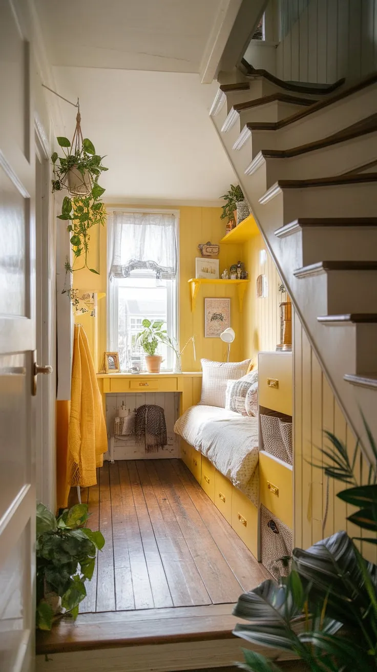 This charming under stairs bedroom, painted in a delightful yellow, proves that even the smallest spaces can be maximized.  Yellow accents throughout the room, combined with thoughtful under stairs storage solutions, transform this under stairs nook into a cozy and functional haven.  Explore these yellow bedroom ideas for inspiration in your own creative under stairs space.