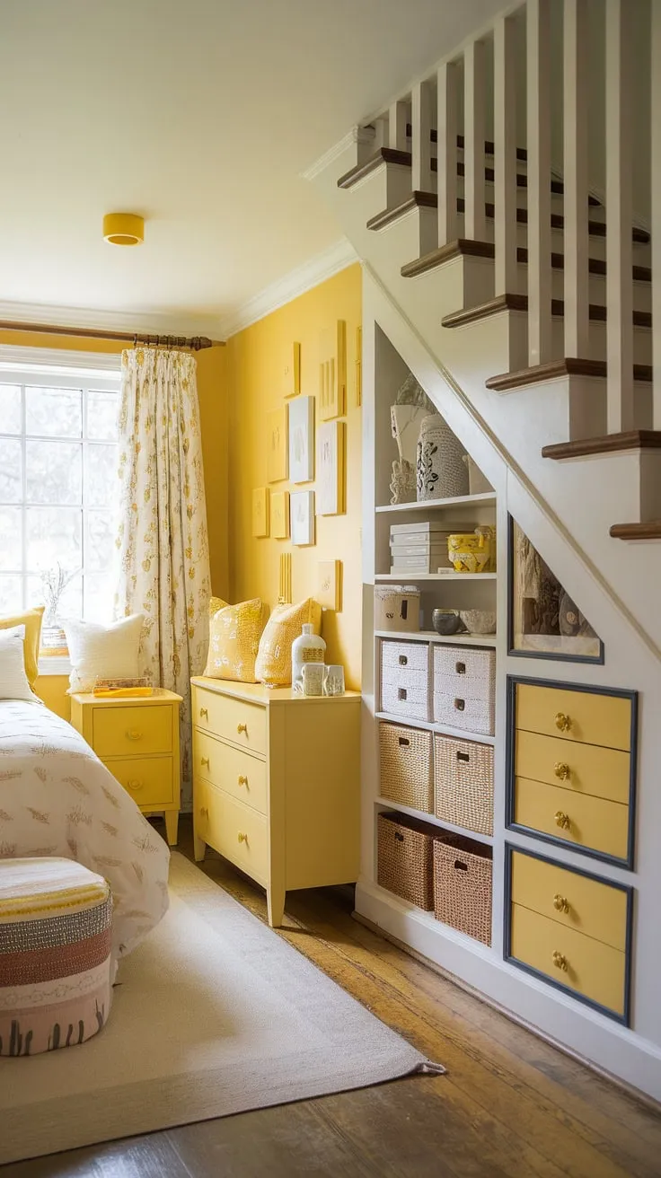 This charming under stairs bedroom boasts a delightful yellow decor with subtle yellow accents, creating a warm and inviting atmosphere.  The under stairs storage solutions are seamlessly integrated, making the most of this creative under stairs space.  Proof that a small bedroom under stairs can be both stylish and practical, this cozy under stairs room is a testament to clever design.