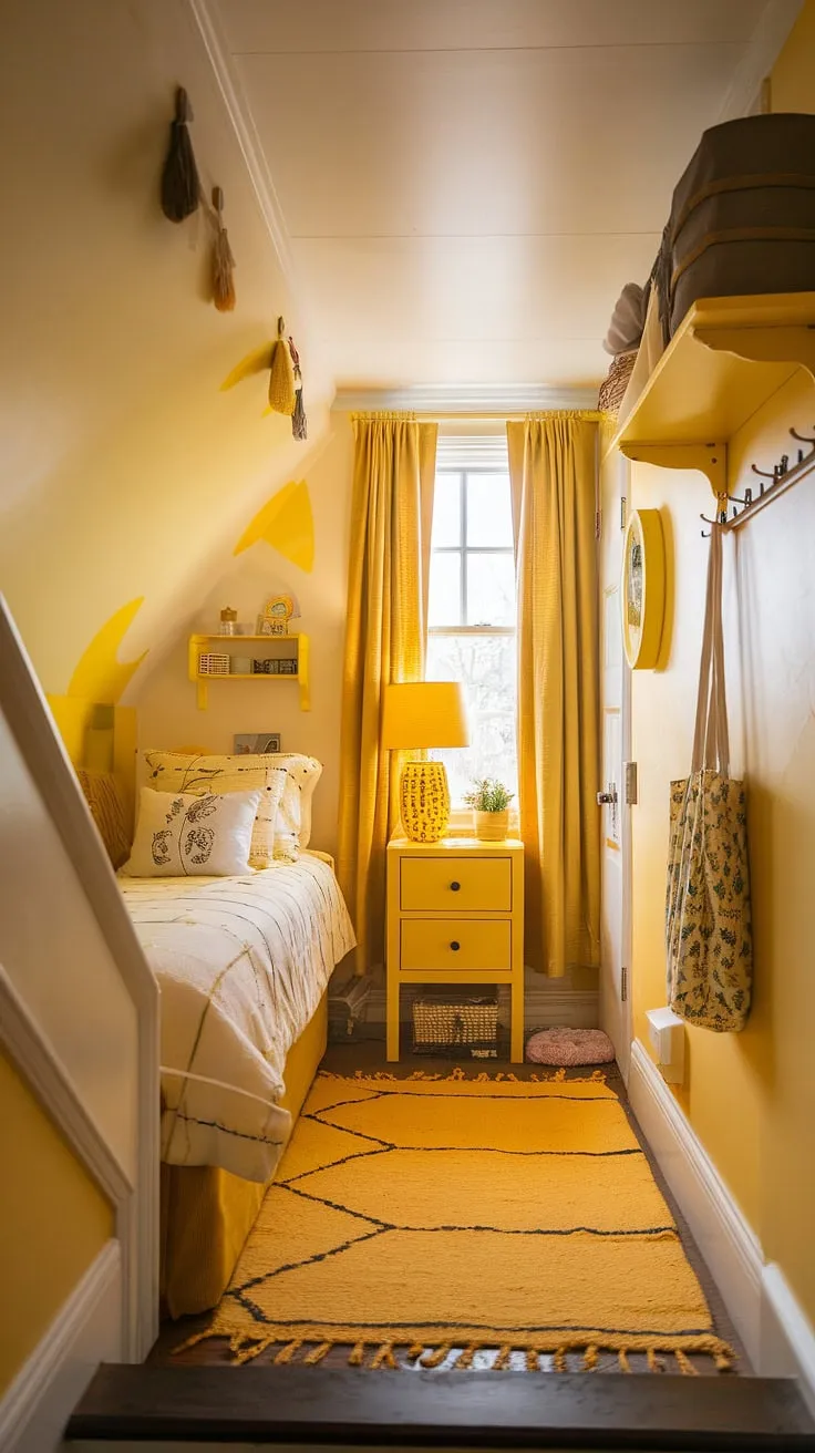 Transforming a forgotten under stairs nook into this charming under stairs bedroom was a stroke of genius!  The yellow decor creates a warm and inviting atmosphere, showcasing how effective yellow accents can be in a small bedroom under stairs.  Plenty of under stairs storage solutions maximize space in this delightful cozy under stairs room.