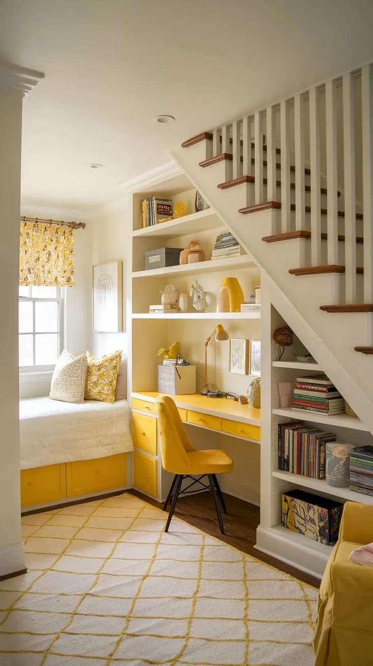 This cozy under stairs room, a testament to creative under stairs space utilization, proves that even a small bedroom under stairs can be brimming with charm.  The yellow accents and clever under stairs storage solutions create a cheerful and functional yellow bedroom, perfect for those seeking yellow decor ideas.