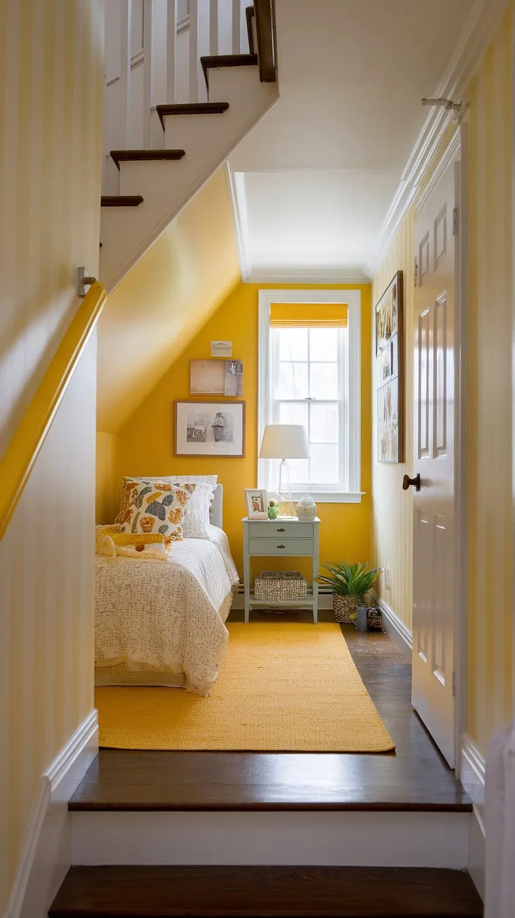 Transforming a forgotten under stairs nook into a delightful under stairs bedroom!  This small bedroom under stairs is a masterclass in yellow decor, with sunny yellow accents adding warmth and personality.  The yellow bedroom ideas are both practical and stylish, showcasing how to create a cozy under stairs room with clever under stairs storage solutions.