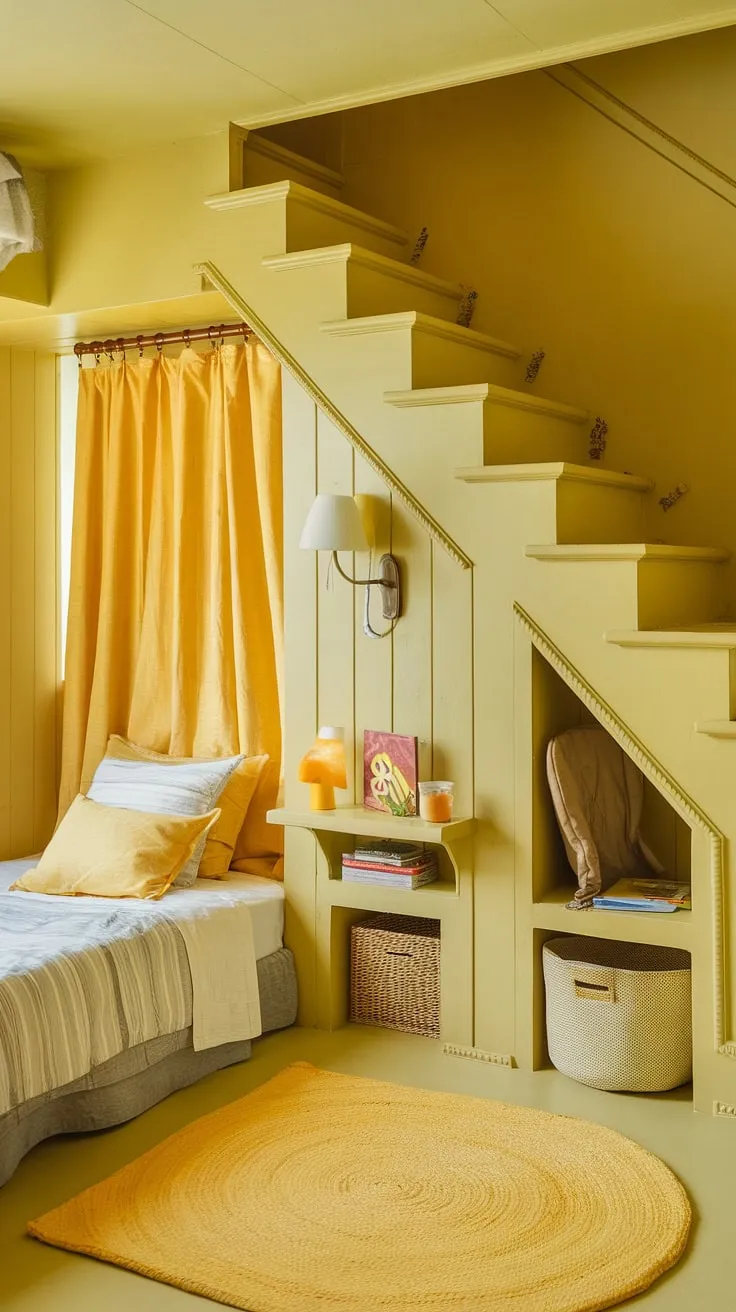This cozy under stairs bedroom, a testament to creative under stairs space utilization, boasts yellow accents that brighten the small bedroom under stairs.  The yellow decor, including a cheerful curtain and rug, perfectly complements the under stairs storage solutions and the charming under stairs nook, creating a haven of calm.