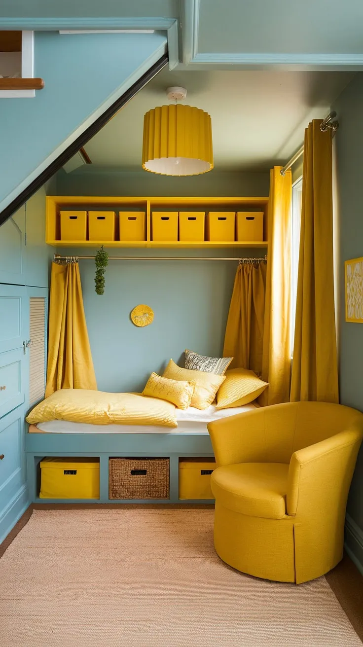 This yellow decor transforms a small bedroom under stairs into a delightful under stairs bedroom.  The yellow accents and under stairs storage solutions create a surprisingly spacious and cozy under stairs room.  See how this creative under stairs space utilizes every inch, offering inspiration for your own under stairs nook.