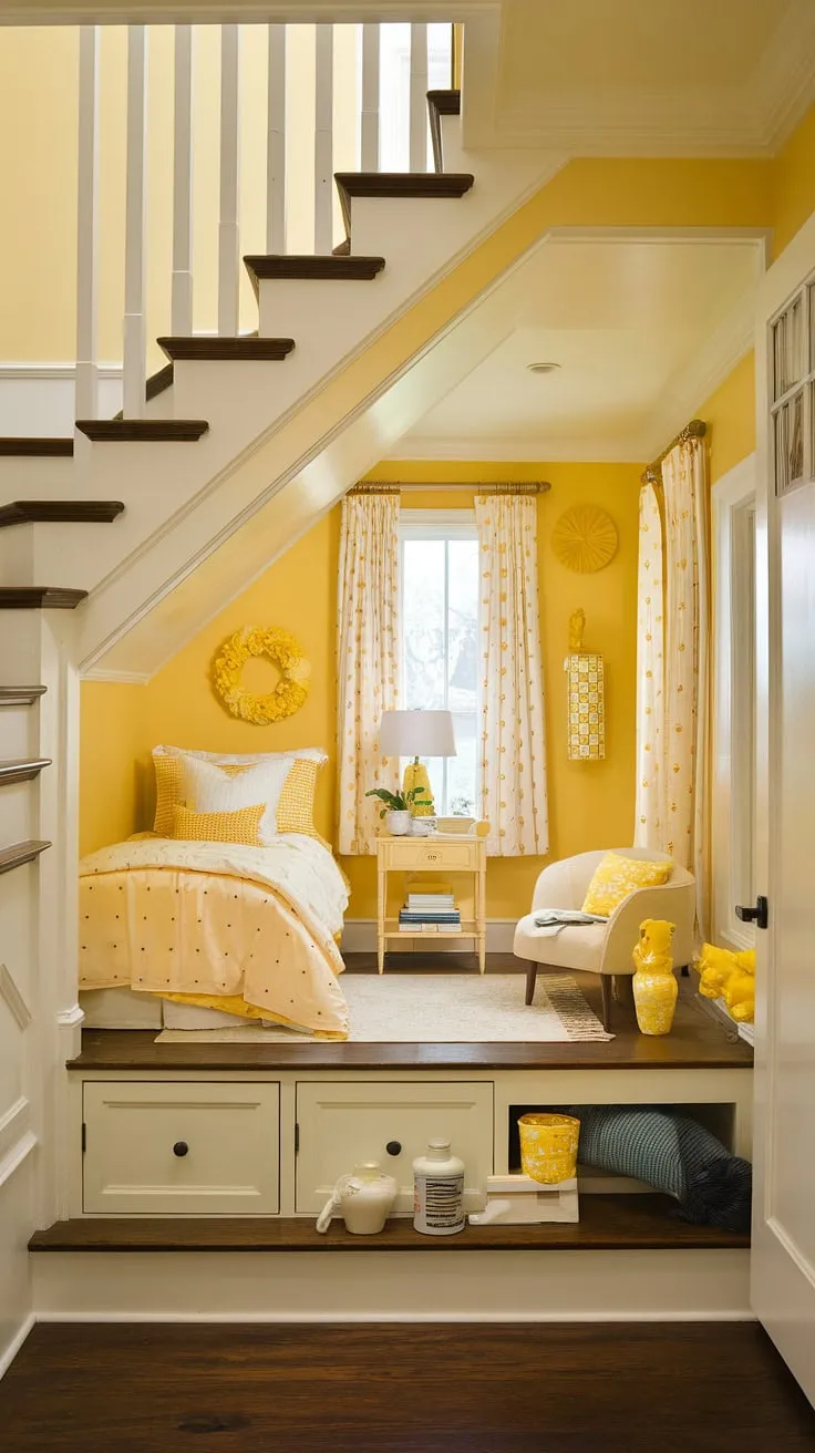Sunlight streams into this cozy under stairs room, highlighting the cheerful yellow decor and clever under stairs storage solutions.  A perfect example of yellow bedroom ideas and creative under stairs space, this small bedroom under stairs is a haven of calm.  The under stairs bedroom proves that even the smallest spaces can be transformed into charming retreats.