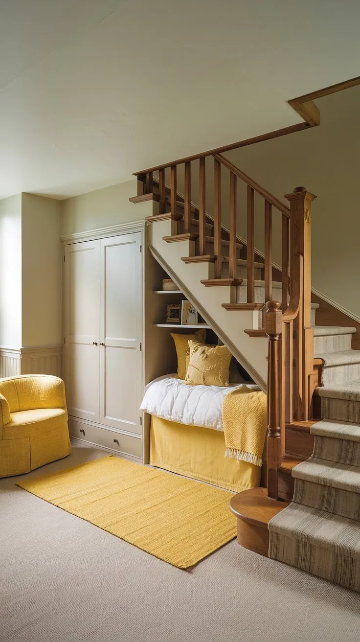 Transforming a forgotten space into a haven! This yellow bedroom ideas showcase how a small bedroom under stairs can be both stylish and functional.  The yellow decor and rug bring sunshine to this cozy under stairs room, proving that even the smallest under stairs bedroom can be a delightful retreat.