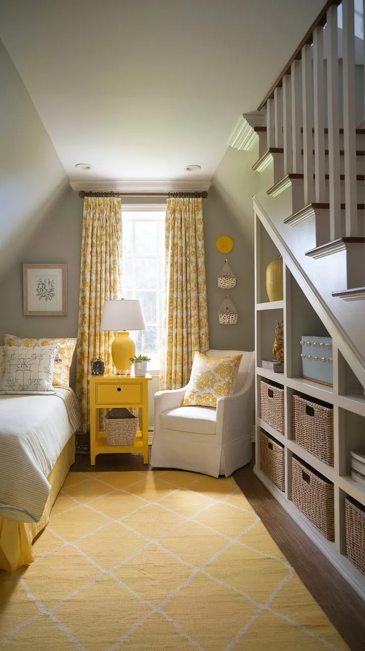 Discover the magic of a bedroom under the stairs. This small bedroom under stairs boasts ingenious under stairs storage solutions and a cheerful yellow decor scheme.  The yellow accents and cozy under stairs room create a surprisingly spacious and inviting under stairs nook, showcasing brilliant yellow bedroom ideas.