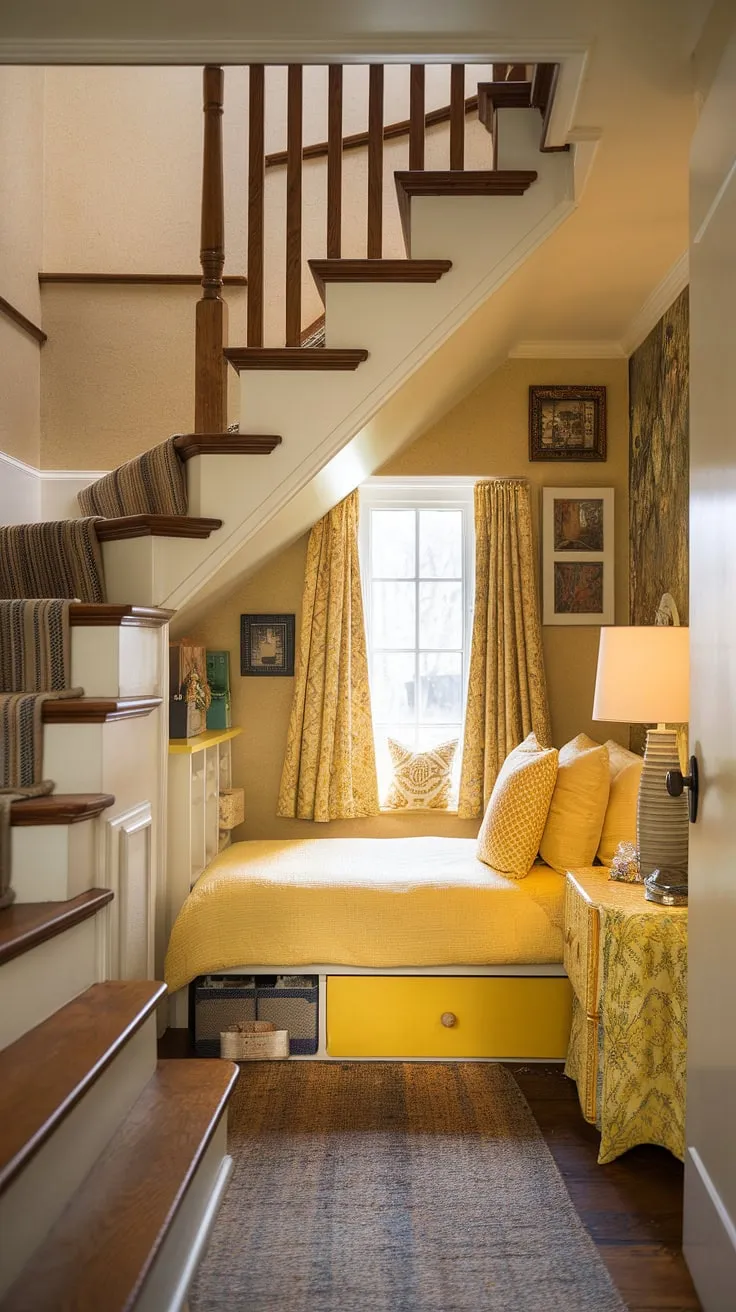 Sunlight streams into this cozy under stairs room, a testament to creative under stairs space utilization.  The yellow decor and yellow accents create a cheerful and inviting atmosphere in this small bedroom under stairs, showcasing clever under stairs storage solutions.  This under stairs bedroom is the perfect example of yellow bedroom ideas for a snug and stylish nook.
