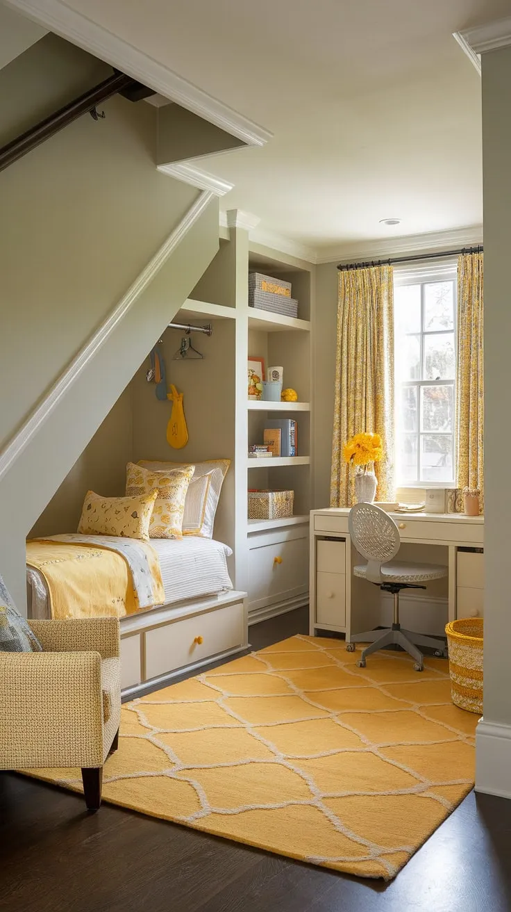 Transforming a forgotten under-stairs nook into a cozy under-stairs room, this small bedroom under the stairs boasts clever under stairs storage solutions and pops of sunshine-yellow decor.  Yellow accents throughout, from the rug to the curtains, create a cheerful and inviting atmosphere, showcasing brilliant yellow bedroom ideas.