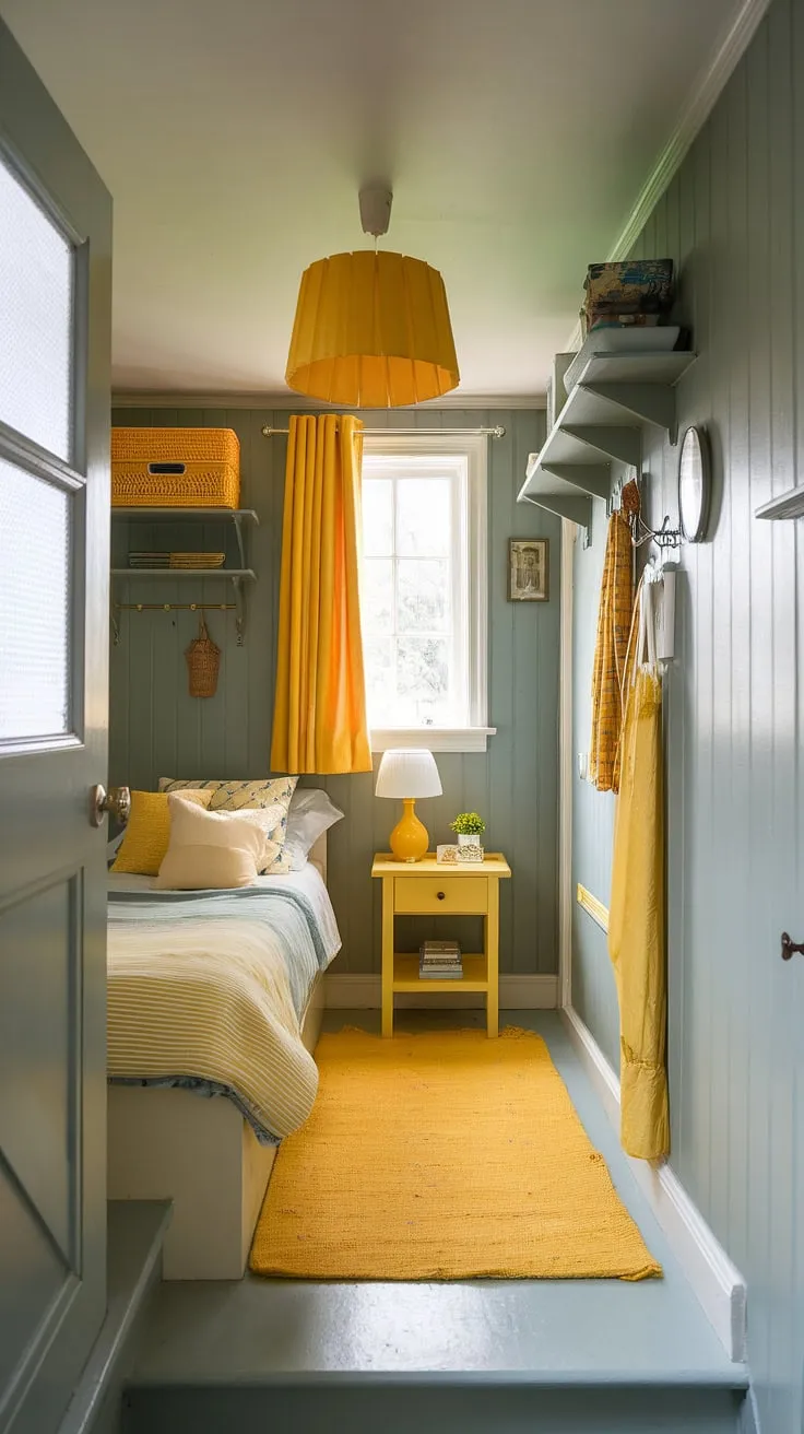 This cozy under stairs room, a testament to creative under stairs space utilization, boasts a cheerful yellow decor and clever under stairs storage solutions.  The small bedroom under stairs feels surprisingly spacious thanks to the light blue walls and yellow accents, offering a perfect example of yellow bedroom ideas.