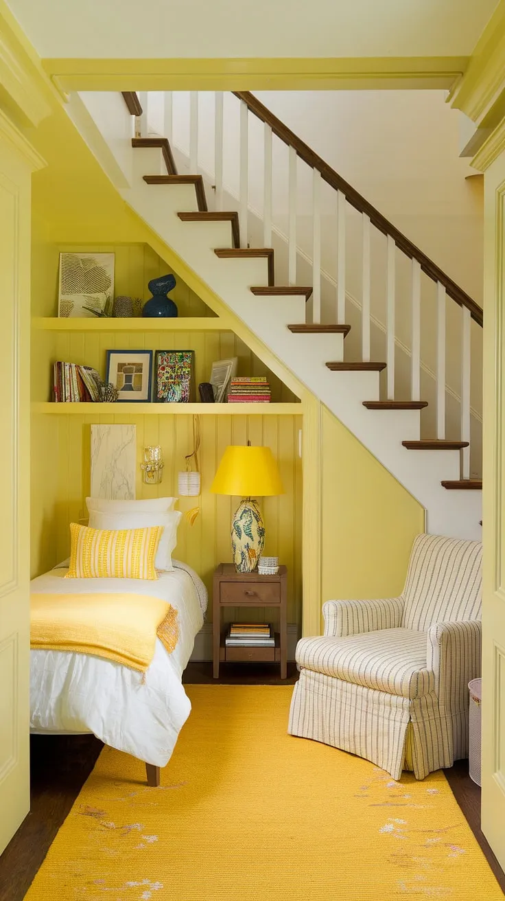 Transforming a forgotten corner into a dreamy retreat! This under stairs bedroom boasts a delightful yellow decor scheme, proving that even a small bedroom under stairs can be brimming with personality.  Explore these yellow accents and creative under stairs space ideas for your own under stairs storage solutions.  The result? A cozy under stairs room that's both functional and utterly captivating.