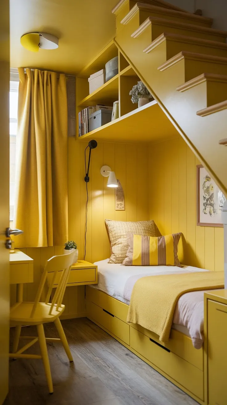 Transforming a forgotten space into a dreamy retreat! This under stairs bedroom boasts a cheerful yellow decor, maximizing space with smart under stairs storage solutions.  Yellow accents add warmth to this cozy under stairs room, proving that even the smallest under stairs nook can be a stylish and functional small bedroom under stairs.  These yellow bedroom ideas are perfect for anyone looking for creative under stairs space.