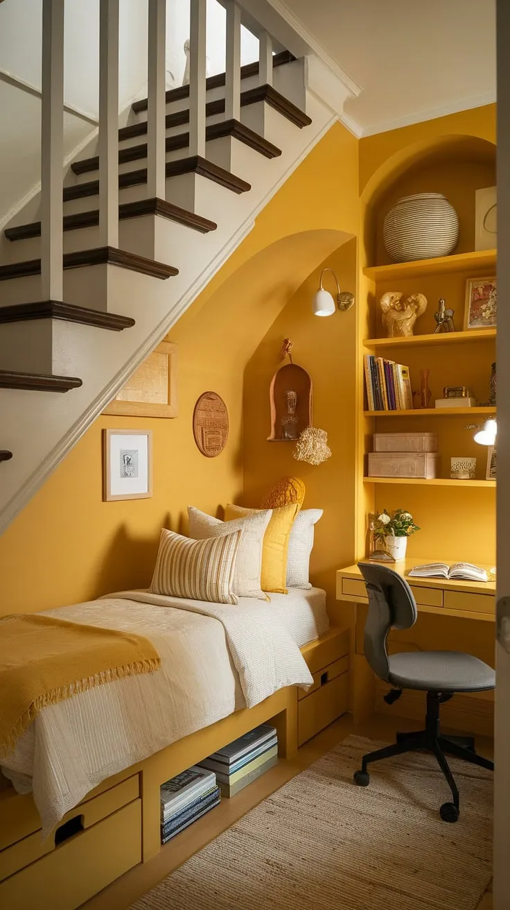 Sunlight streams into this cozy under stairs room, highlighting the cheerful yellow decor and clever under stairs storage solutions.  A perfect example of yellow bedroom ideas, this small bedroom under stairs proves that even the smallest spaces can be brimming with charm and personality.  This creative under stairs space is a delightful under stairs nook, a haven of calm and comfort.