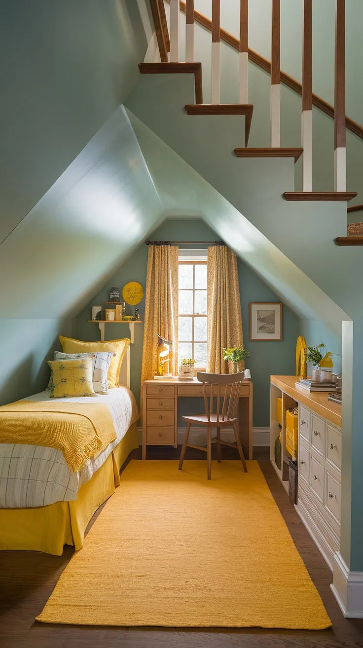 Sunlight streams into this cozy under stairs room, a haven of yellow decor and thoughtful design.  The small bedroom under the stairs maximizes space with clever under stairs storage solutions and yellow accents that brighten the under stairs nook. This is the perfect example of yellow bedroom ideas for a creative under stairs space.