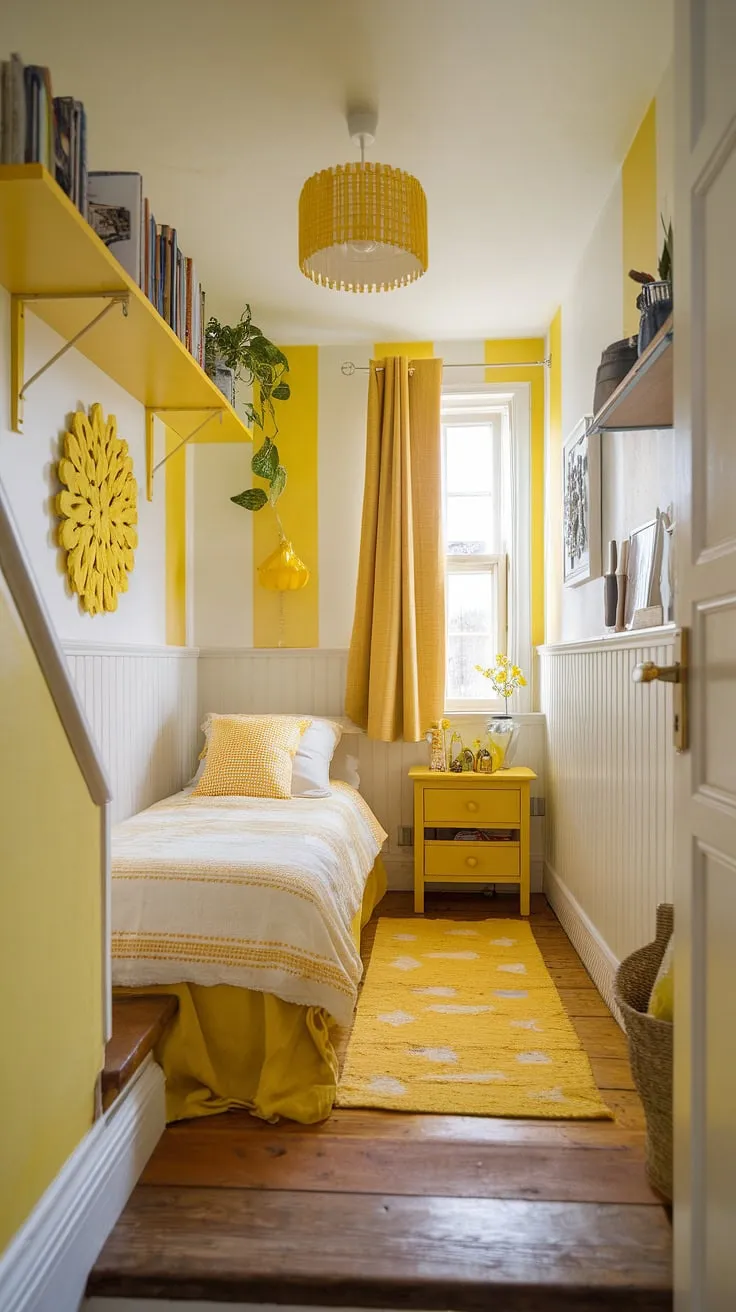 This cozy under stairs room, a testament to creative under stairs space utilization, boasts a cheerful yellow decor and clever under stairs storage solutions.  The yellow accents and yellow bedroom ideas transform this small bedroom under stairs into a delightful under stairs nook.