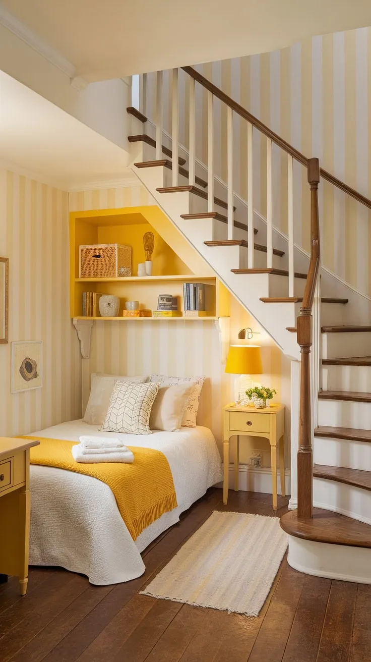 This cozy under stairs room maximizes space with clever under stairs storage solutions and cheerful yellow accents.  The yellow decor brightens this small bedroom under stairs, offering a perfect blend of functionality and charm.  Yellow bedroom ideas abound in this creative under stairs space, transforming an under stairs nook into a delightful retreat.