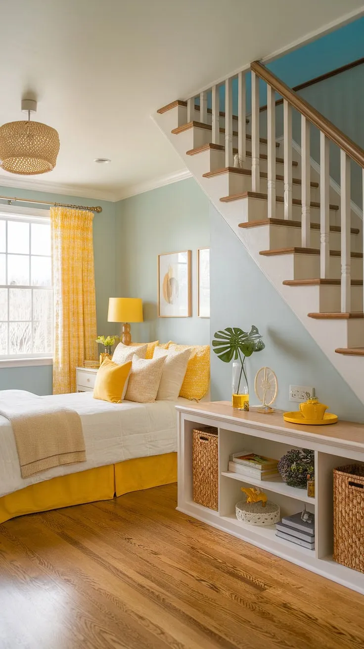 Transforming an under stairs bedroom into a cheerful retreat! This under stairs bedroom boasts clever under stairs storage solutions, a splash of yellow decor, and a surprisingly spacious feel.  Yellow accents add warmth to this cozy under stairs room, showcasing brilliant yellow bedroom ideas for a creative under stairs space.