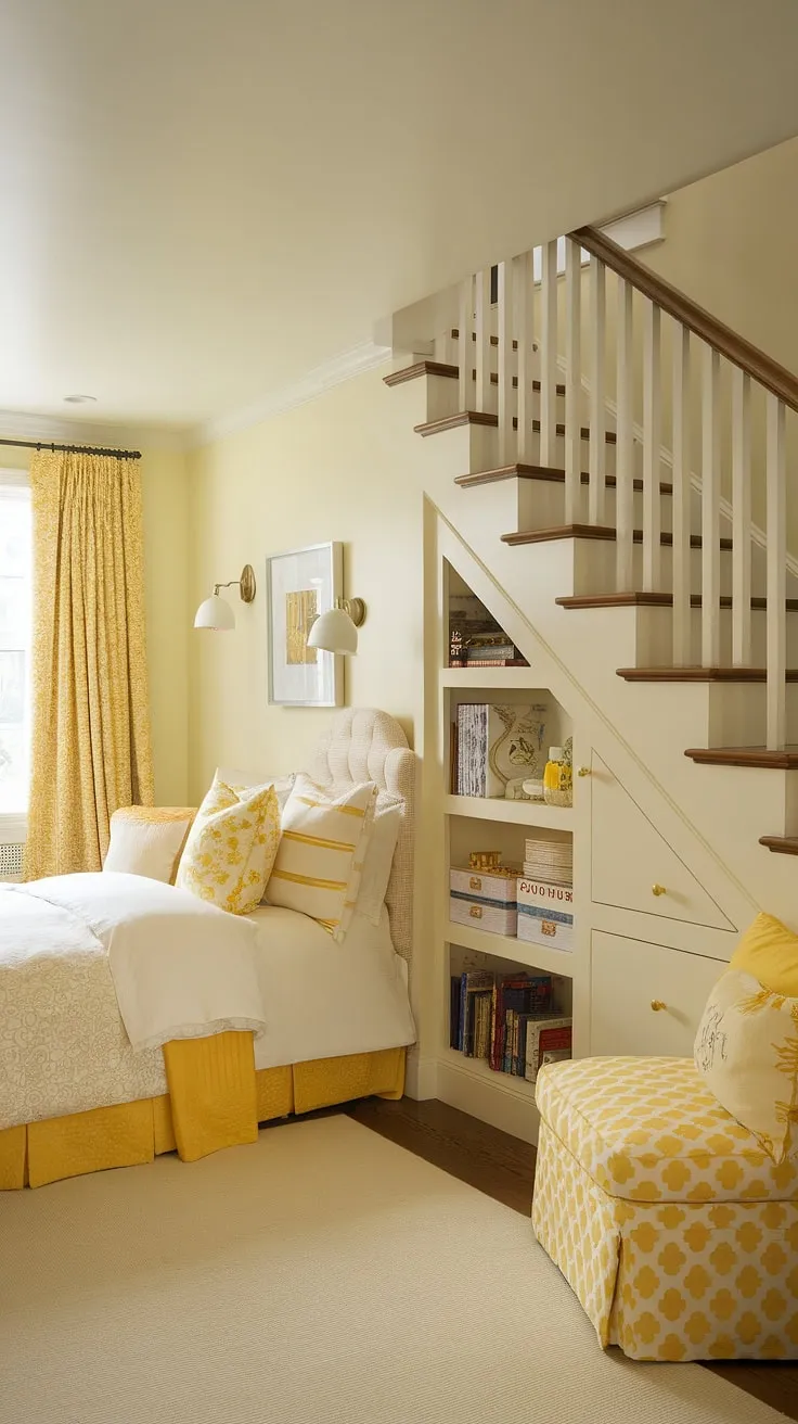 This charming under stairs bedroom is a testament to maximizing space.  Yellow accents bring warmth and personality to this cozy under stairs room, showcasing ingenious under stairs storage solutions.  Explore these yellow bedroom ideas for inspiration in creating your own creative under stairs space – a delightful under stairs nook awaits!