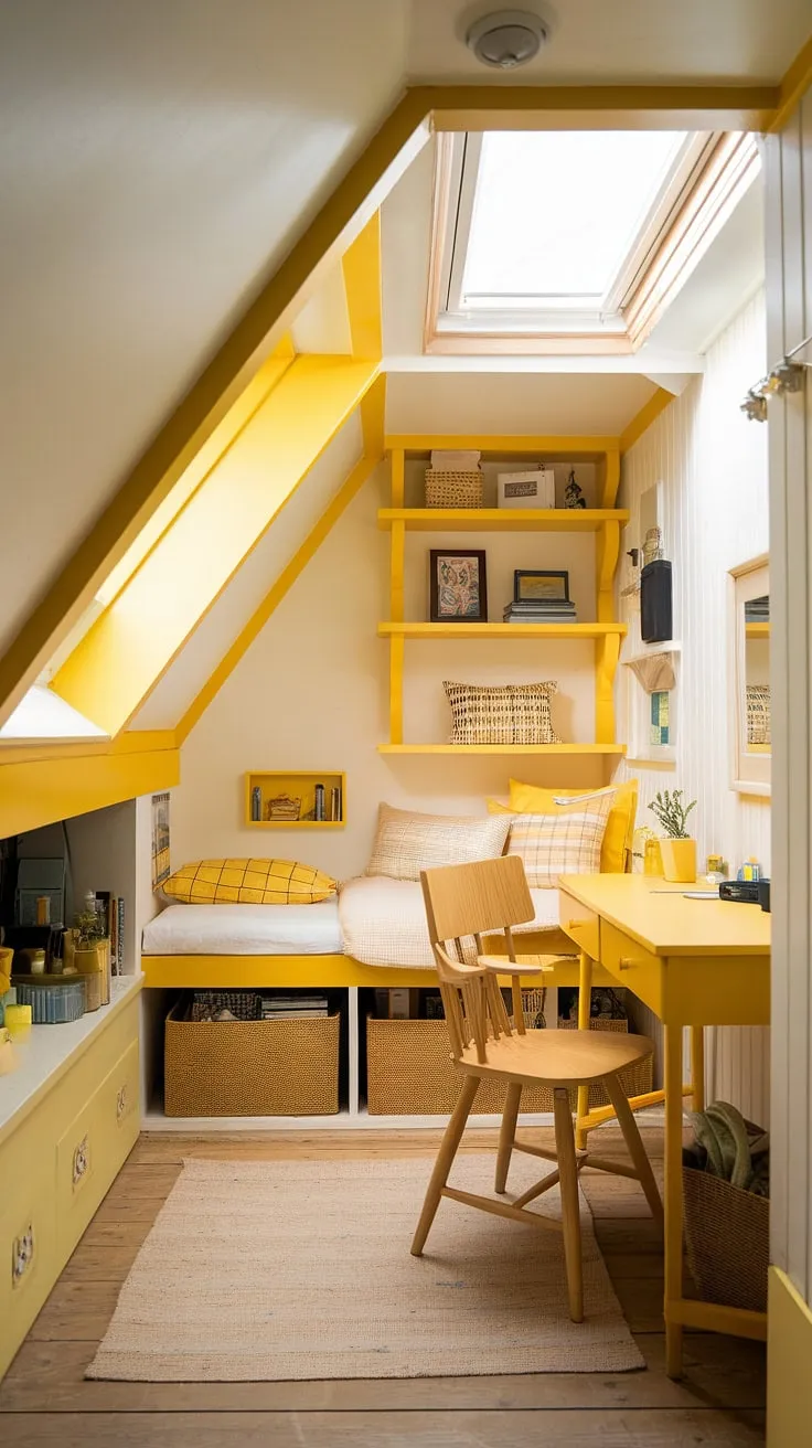 Sunlight streams into this cozy under stairs room, a haven of yellow decor and clever under stairs storage solutions.  The small bedroom under stairs feels surprisingly spacious, showcasing brilliant yellow bedroom ideas and a creative under stairs space perfectly utilized.  This under stairs nook is the epitome of charming, functional design.