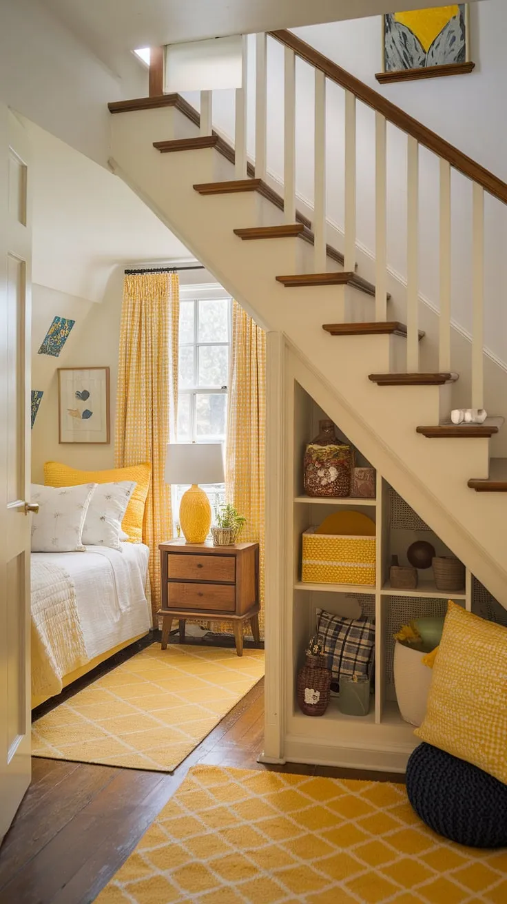 Transforming an under stairs nook into a delightful under stairs bedroom? This yellow bedroom ideas showcase proves it's possible!  With yellow accents and smart under stairs storage solutions, this small bedroom under stairs is a testament to maximizing space and creating a cozy under stairs room.