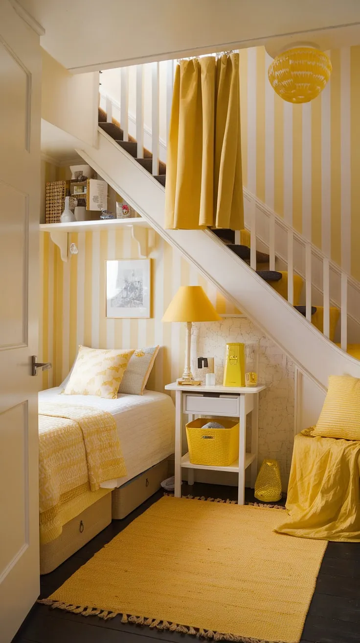Transforming a forgotten corner into a dreamy retreat! This yellow bedroom under stairs is a perfect example of how to maximize space with under stairs storage solutions.  The yellow decor and yellow accents create a cozy under stairs room, proving that even a small bedroom under stairs can be a haven of style and comfort.