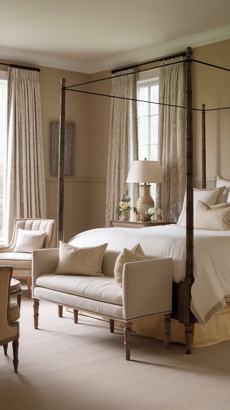 Escape to this tranquil luxury country bedroom, where classic English decor meets modern comfort. The beadboard wainscoting and four-poster bed define the traditional English bedroom design, creating a bright traditional bedroom haven. Master bedroom paneling at its finest.