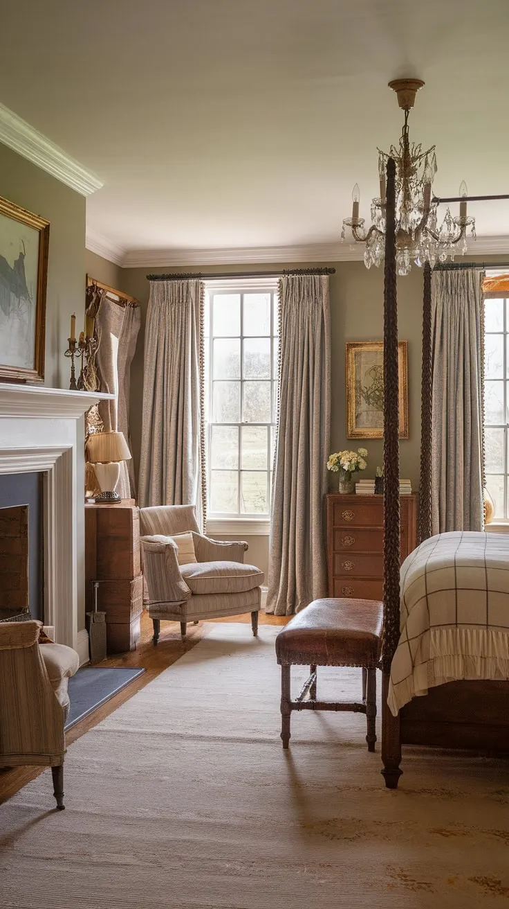 Dreamy bedroom wainscoting defines this light traditional bedroom, a perfect blend of classic English decor and luxury country bedroom style. The beadboard wainscoting adds character to this traditional English bedroom design, creating an inviting English country house bedroom.