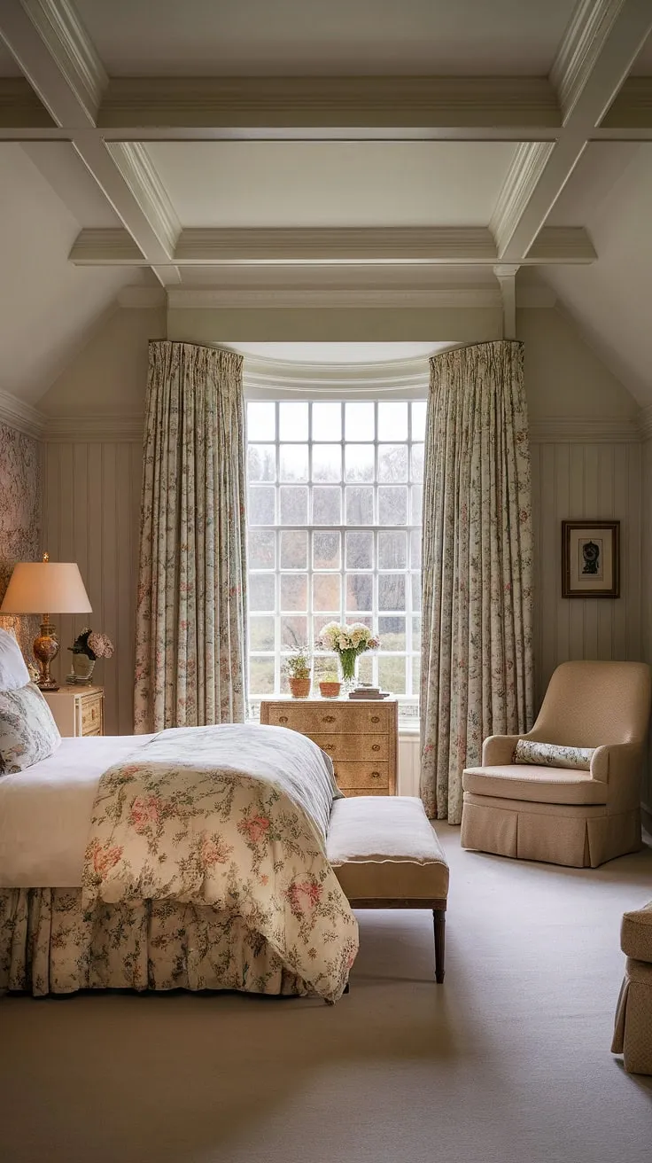 Escape to this English country house bedroom, a haven of calm defined by charming english cottage wainscoting and a light traditional bedroom aesthetic. The bedroom wainscoting adds timeless sophistication to this luxury country bedroom.