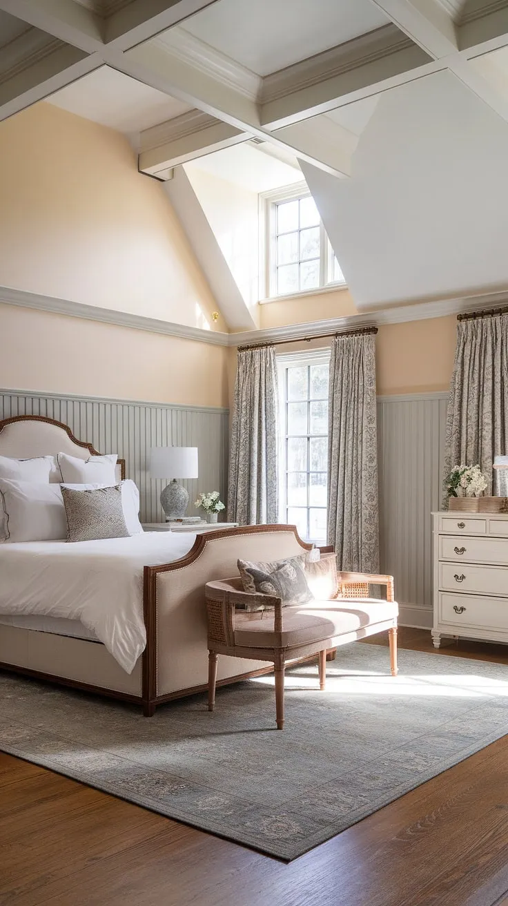 Master bedroom paneling at its finest: the charming english cottage wainscoting and light traditional bedroom design create a serene and sophisticated English country house bedroom.