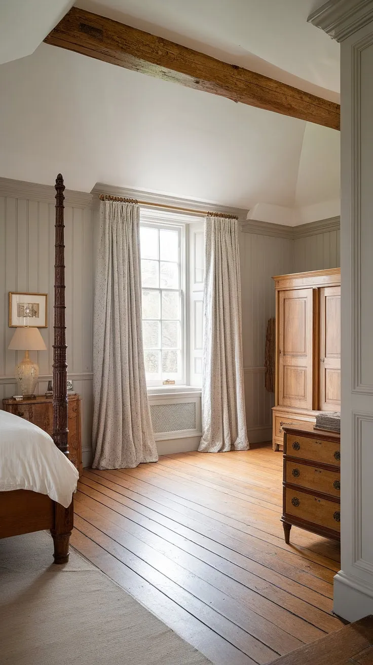 Classic English decor meets modern comfort in this bright traditional bedroom. The beadboard wainscoting and high ceilings create a luxurious country bedroom feel, showcasing the beauty of traditional English bedroom design and master bedroom paneling.