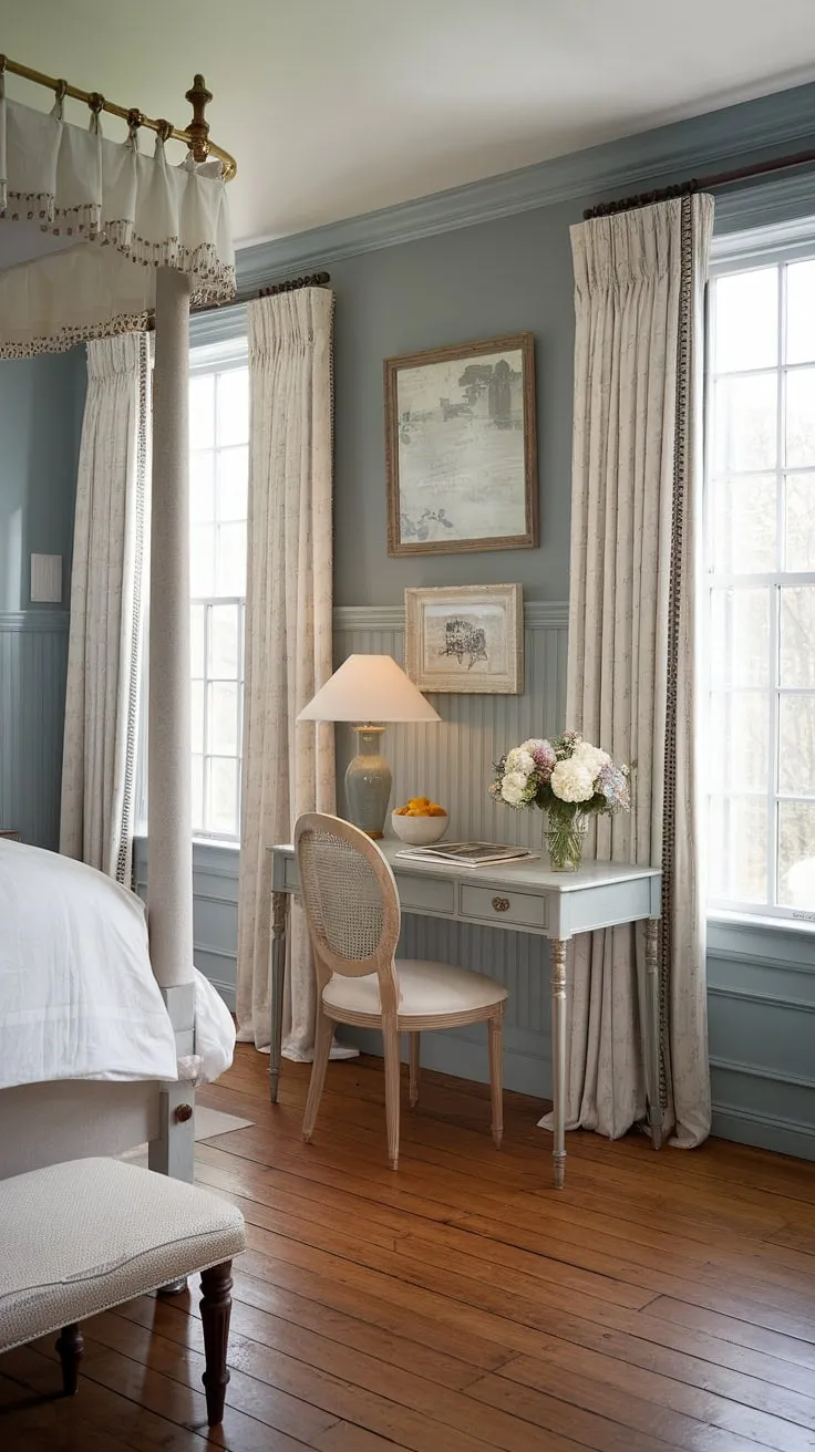 Master bedroom paneling at its finest: This english country house bedroom, with its elegant bedroom wainscoting and four-poster bed, embodies traditional English bedroom design and english cottage wainscoting. A bright traditional bedroom retreat.