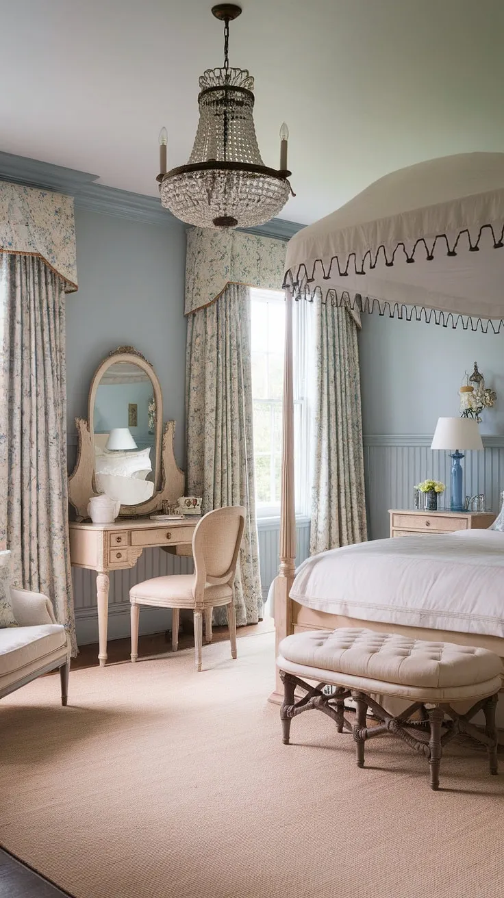 A bright traditional bedroom, this English cottage wainscoting defines the space. The bedroom wainscoting, a beautiful example of beadboard wainscoting, perfectly complements the traditional English bedroom design in this elegant and luxurious country bedroom.
