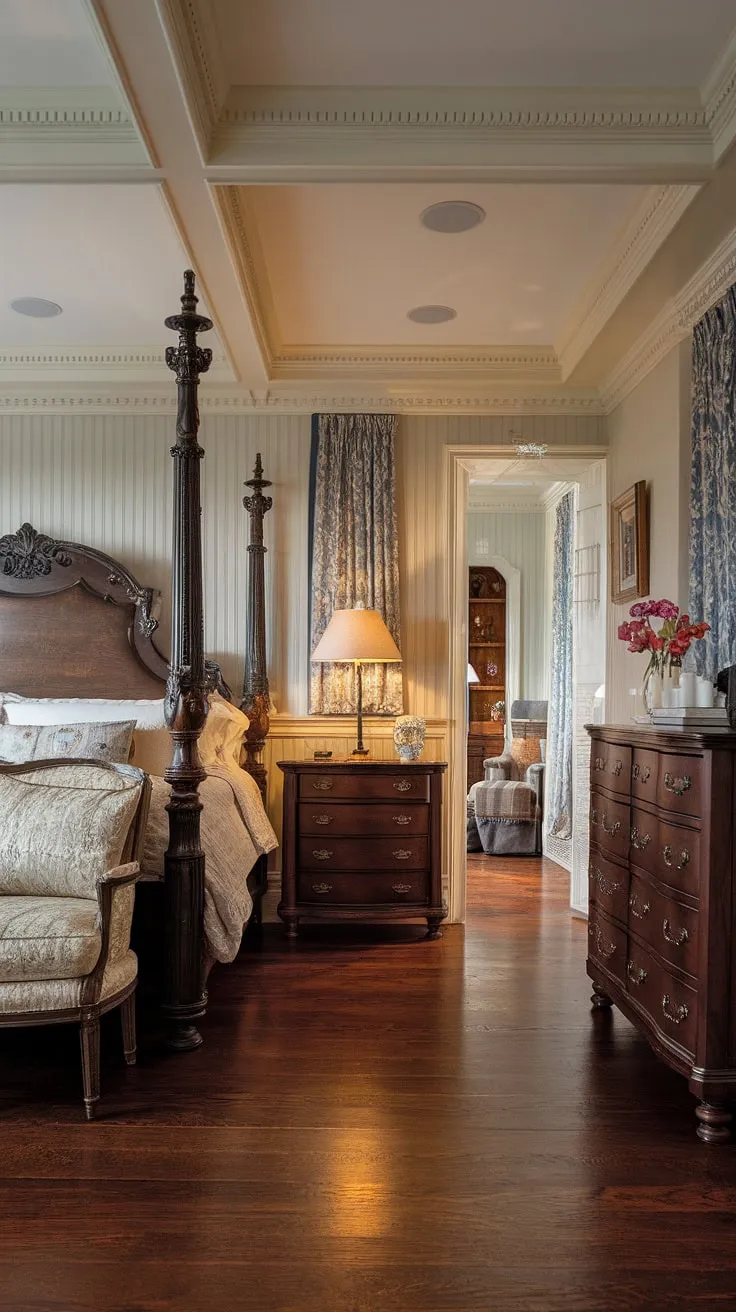 This light traditional bedroom is a stunning example of a luxury country bedroom. The bedroom wainscoting, featuring beautiful beadboard wainscoting, adds texture and charm to the high-ceilinged space. Dark wood furnishings, including an ornate headboard and matching pieces, ground the classic English decor, while the polished wooden floors contribute to the overall feeling of warmth and sophistication in this traditional English bedroom design. The room's elegant simplicity makes it the perfect English country house bedroom retreat.