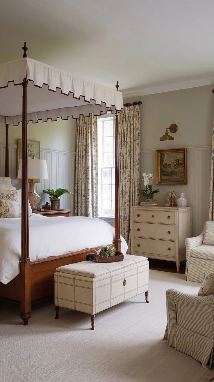 Sunlight streams into this bright traditional bedroom, illuminating the exquisite detail of the beadboard wainscoting and the elegant four-poster bed. The classic English decor, complete with master bedroom paneling and a touch of greenery, creates a truly luxurious country bedroom feel, reminiscent of an English country house bedroom. This light traditional bedroom showcases the timeless appeal of traditional English bedroom design and the charming character of english cottage wainscoting.