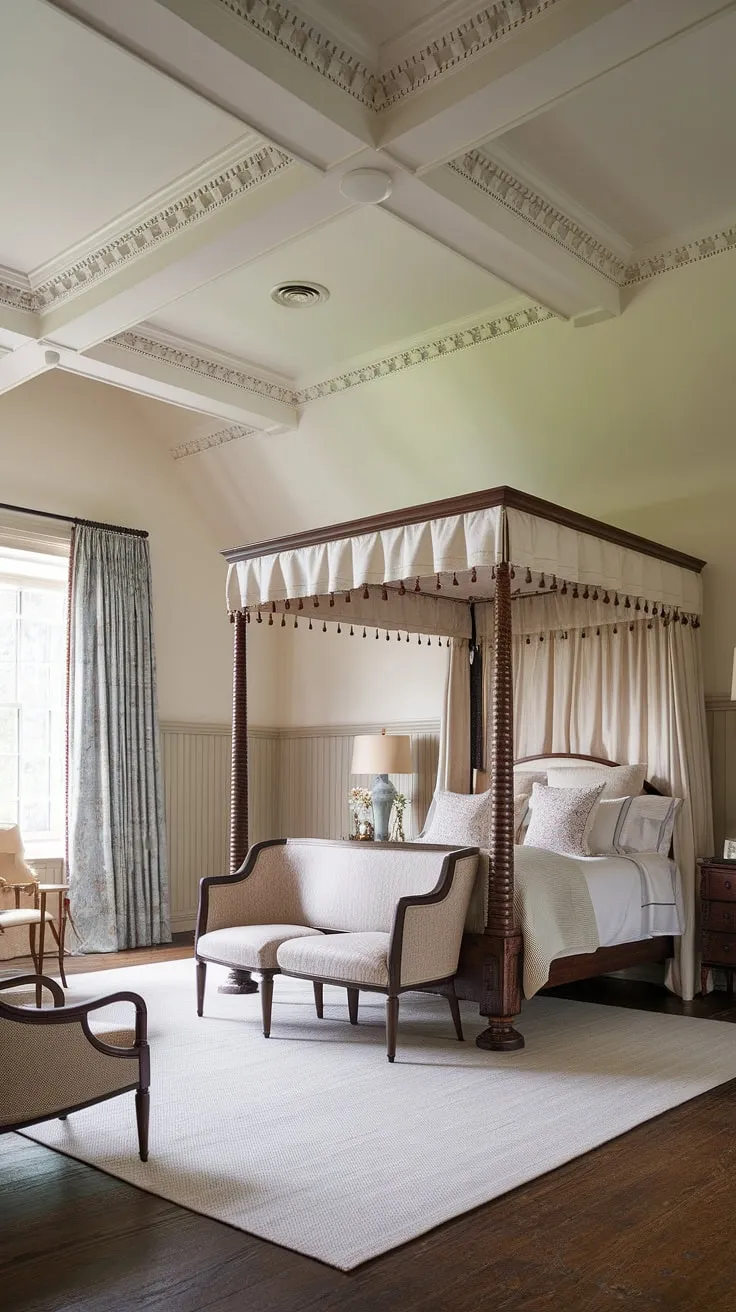 This English cottage wainscoting adds undeniable charm to this bright traditional bedroom. The bedroom wainscoting, a beautiful example of classic English decor, elevates this luxury country bedroom into a true English country house bedroom, showcasing the best of traditional English bedroom design.