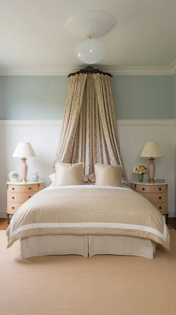 This english country house bedroom, a testament to traditional english bedroom design, boasts elegant bedroom wainscoting and classic english decor. The light traditional bedroom's bright and airy feel is enhanced by the beautiful beadboard wainscoting.