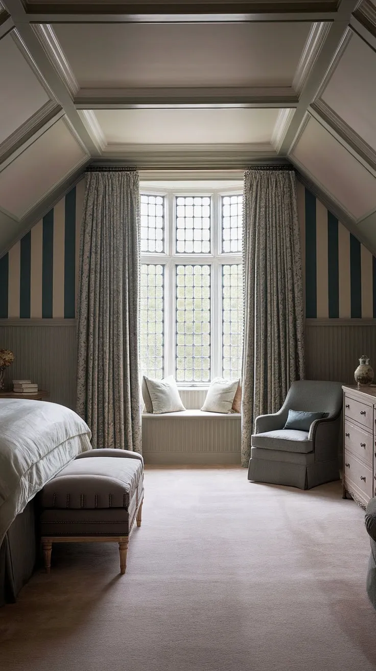 This luxury country bedroom is a testament to traditional English bedroom design. The bedroom wainscoting, specifically the detailed beadboard wainscoting, adds a touch of classic elegance to the high-ceilinged space. Dark green and white stripes on the upper walls complement the charming English cottage wainscoting, creating a bright traditional bedroom with a sophisticated feel. The master bedroom paneling, decorative window, and plush carpet complete this idyllic English country house bedroom.