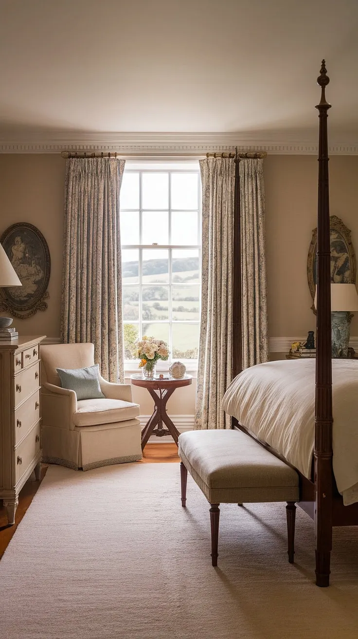 Wake up to breathtaking views in this light traditional bedroom. The bedroom wainscoting, featuring elegant beadboard wainscoting, perfectly complements the luxury country bedroom and English country house bedroom style. A classic example of classic english decor.