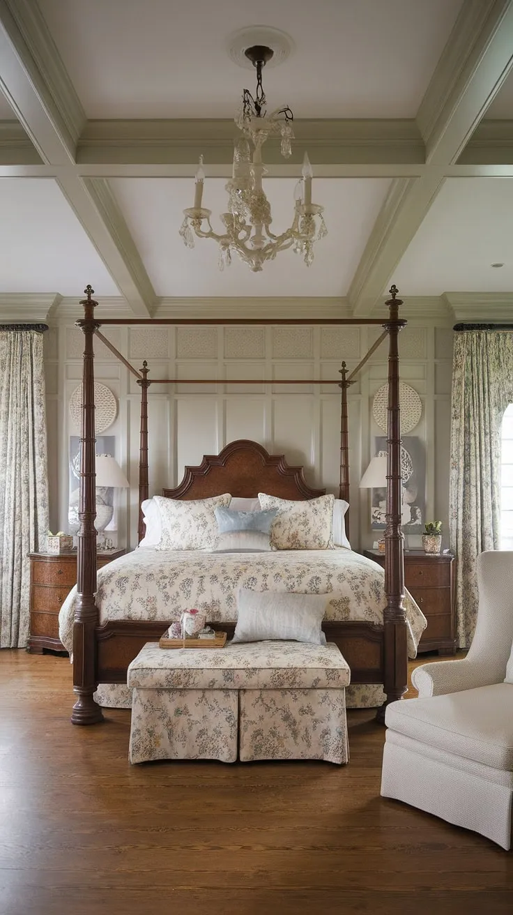 Escape to this light traditional bedroom, a haven of English country house bedroom charm. The elegant bedroom wainscoting, featuring beautiful english cottage wainscoting and a four-poster bed, defines luxury country bedroom style.