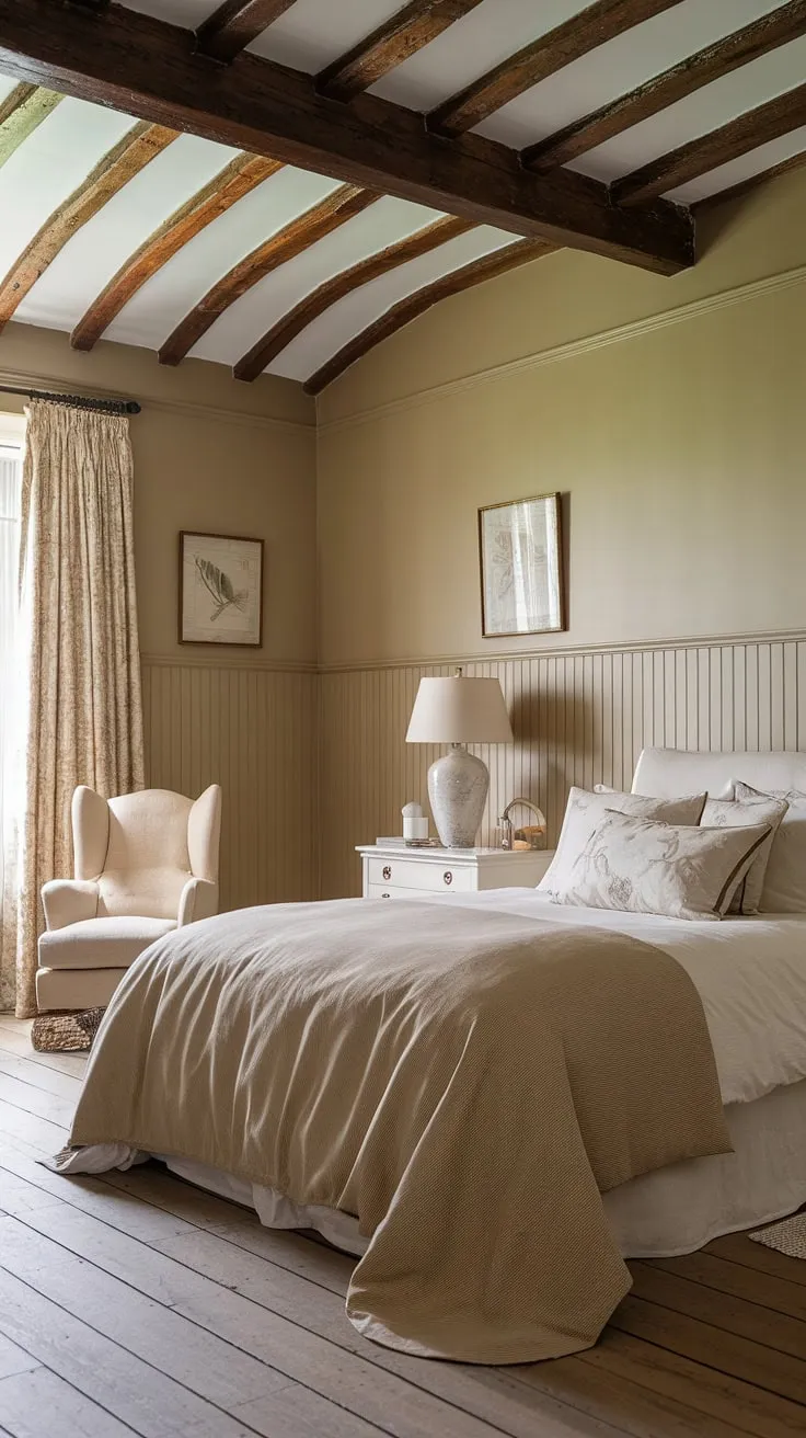 The calming elegance of this traditional English bedroom, complete with beadboard wainscoting, speaks volumes. A master bedroom paneling dream, showcasing classic English decor in a light traditional bedroom setting.