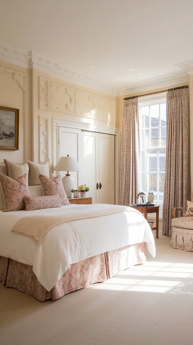 Elegant English cottage wainscoting defines this light traditional bedroom, showcasing a perfect blend of traditional English bedroom design and luxury country bedroom style. The bedroom wainscoting elevates the space, creating a truly stunning master bedroom.