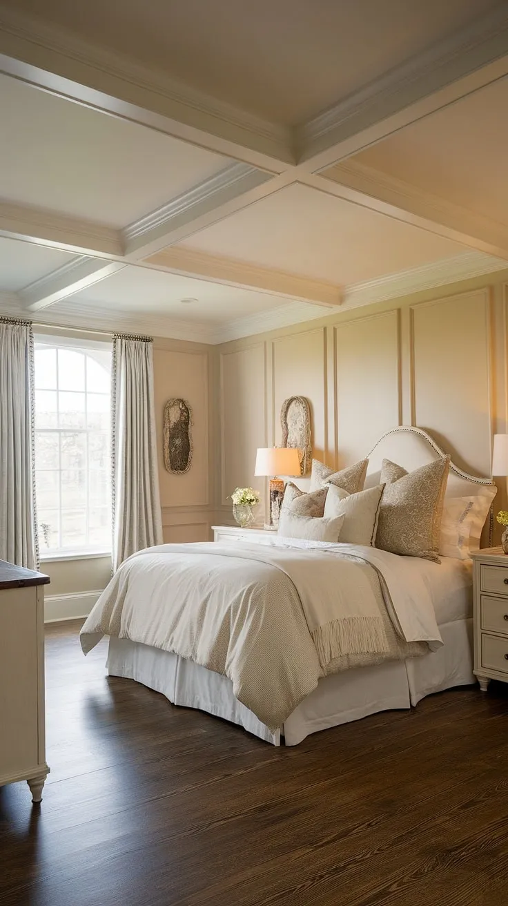 Dreamy escape in this luxury country bedroom. The beadboard wainscoting and classic English decor create a light traditional bedroom, perfect for restful nights. Master bedroom paneling at its finest.