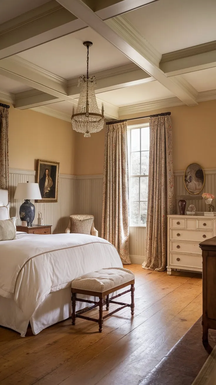 Elegant beadboard wainscoting defines this light traditional bedroom, a perfect example of luxury country bedroom design within an English country house. The classic English decor and master bedroom paneling create a serene escape.
