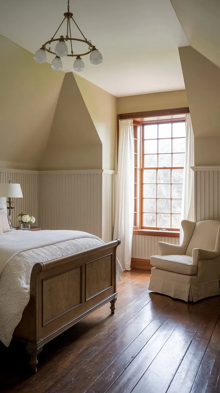 This light traditional bedroom is the epitome of an English country house bedroom. The bedroom wainscoting, specifically the charming beadboard wainscoting, adds a touch of timeless elegance to this spacious room. The high ceiling and dark wood floors enhance the classic English decor, creating a luxurious and inviting atmosphere. The antique bed and comfortable armchair complete this stunning example of traditional English bedroom design.