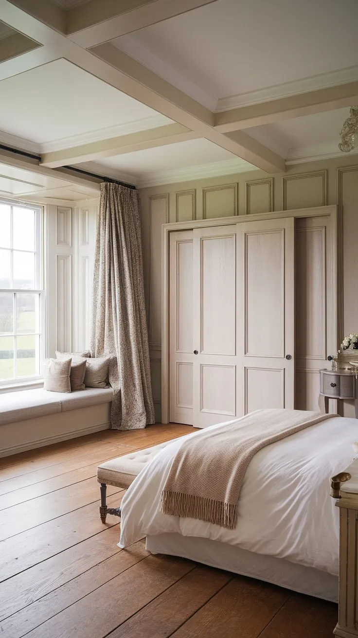Sunlight streams through the large window of this luxury country bedroom, illuminating the exquisite detail of the beadboard wainscoting and the rich wood flooring. The traditional English bedroom design, complete with a plush bed and classic English decor, creates a serene and inviting atmosphere. This bright traditional bedroom, featuring master bedroom paneling and elegant furnishings, is the epitome of an English country house bedroom. The bedroom wainscoting, a beautiful example of English cottage wainscoting, adds a touch of timeless charm to this light traditional bedroom.
