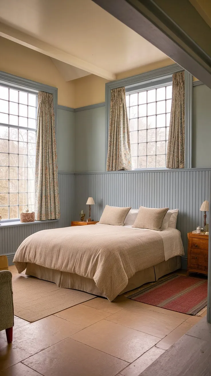 Master bedroom paneling, featuring exquisite beadboard wainscoting, transforms this traditional English bedroom design into a haven of calm. The english cottage wainscoting perfectly complements the light blue walls and beige tile floors, creating a truly stunning english country house bedroom.