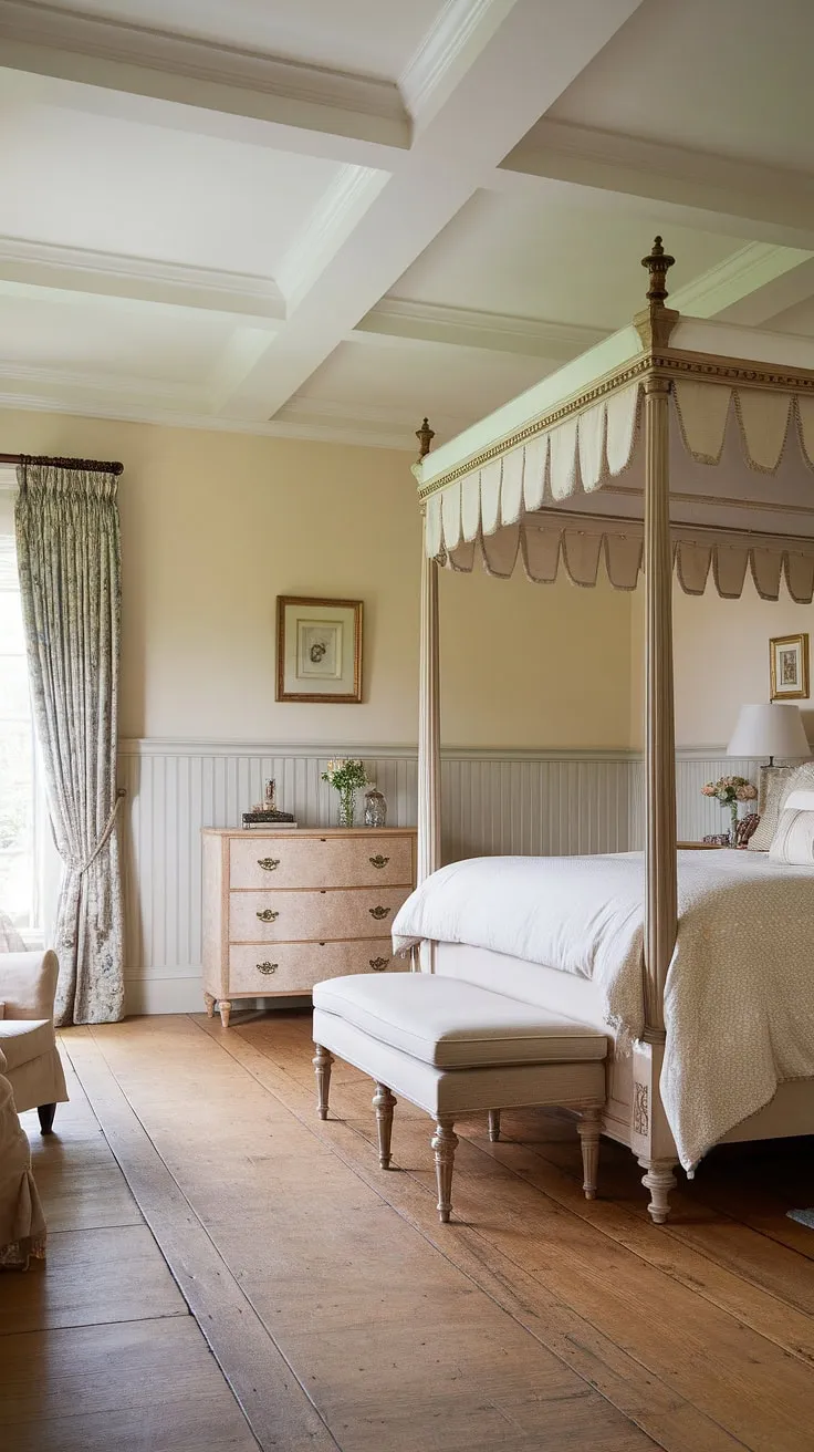Sunlight streams into this bright traditional bedroom, illuminating the exquisite detail of the beadboard wainscoting and hardwood floors. The classic English decor, featuring a luxurious four-poster bed and subtle furnishings, creates a serene and elegant English country house bedroom. This master bedroom paneling, a beautiful example of English cottage wainscoting, perfectly complements the light traditional color scheme, resulting in a truly idyllic luxury country bedroom design.