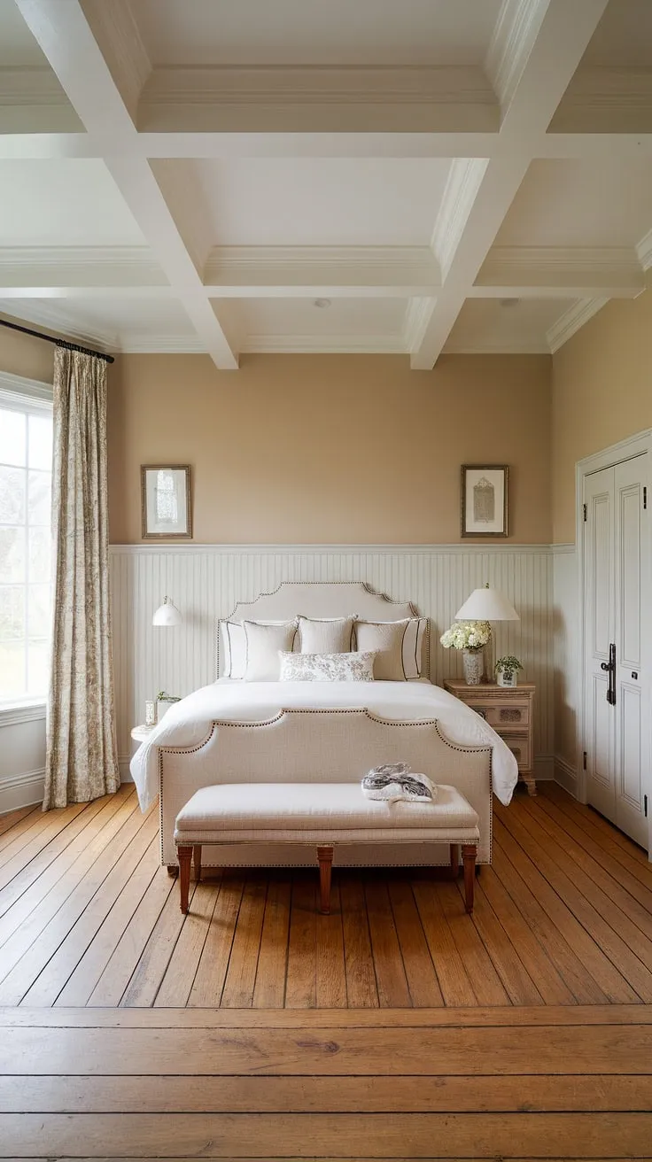 Elegant beadboard wainscoting defines this light traditional bedroom, showcasing a perfect blend of luxury country and classic English decor in this English country house bedroom. The master bedroom paneling adds timeless charm.