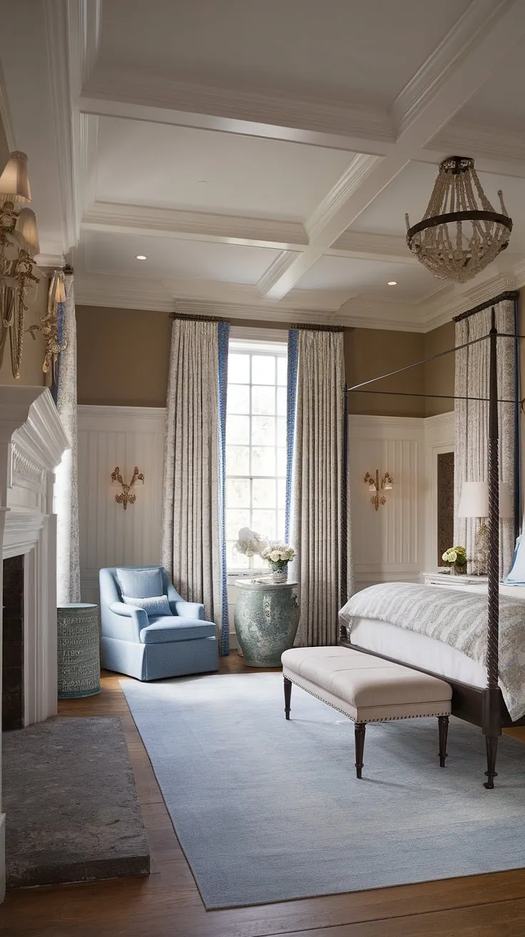 Sunlight streams into this bright traditional bedroom, illuminating the exquisite detail of the beadboard wainscoting and the elegant four-poster bed. The classic English decor, featuring a large fireplace and master bedroom paneling, creates a luxurious country bedroom atmosphere, a true example of traditional English bedroom design. The light and airy feel, enhanced by the white curtains and blue accents, makes this English country house bedroom a haven of peace and tranquility. The english cottage wainscoting adds a touch of charming rusticity to this sophisticated space.