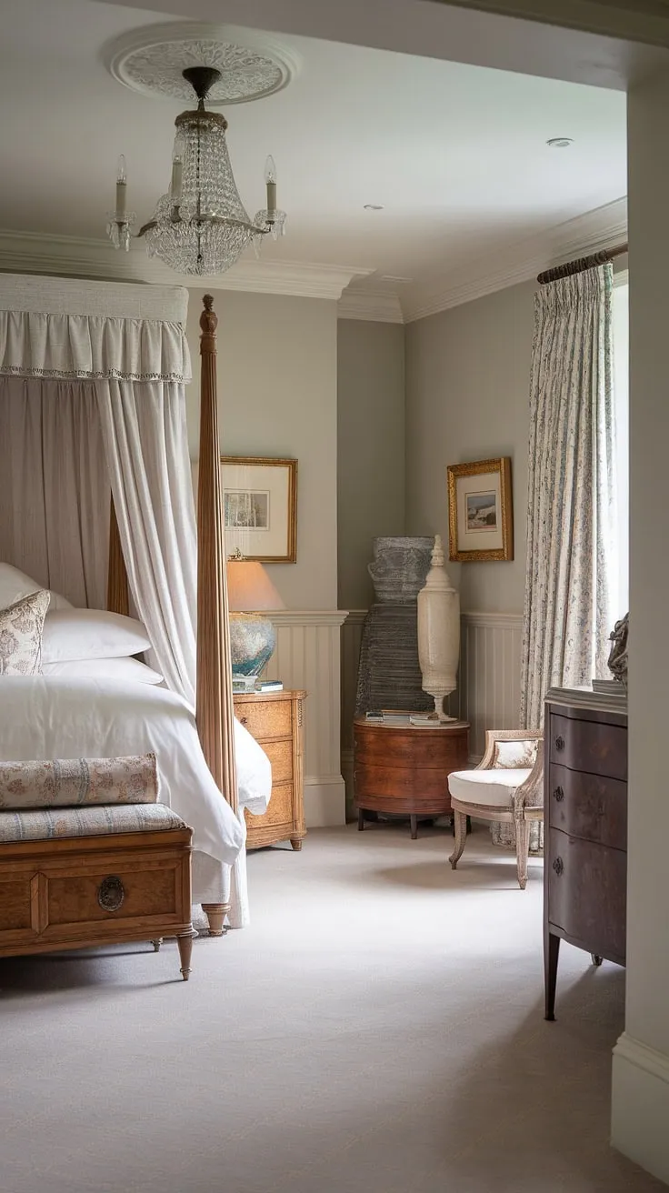 Sunlight streams into this bright traditional bedroom, illuminating the exquisite detail of the beadboard wainscoting and classic English decor. The four-poster bed, wool rug, and antique wooden furniture complete the luxurious country bedroom feel of this English country house, a true example of master bedroom paneling and traditional English bedroom design. The soft grey walls and elegant chandelier add to the charm of this light traditional bedroom, showcasing the beauty of English cottage wainscoting.