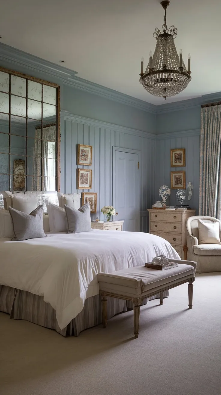 This light traditional bedroom is a stunning example of an English country house bedroom. The classic English decor is evident in every detail, from the elegant beadboard wainscoting that adorns the walls to the plush carpet underfoot. The bedroom wainscoting, a beautiful example of english cottage wainscoting, perfectly complements the king-size bed and the soft blue walls. The overall effect is a bright traditional bedroom, a haven of luxury and refined taste, showcasing the best of traditional English bedroom design.